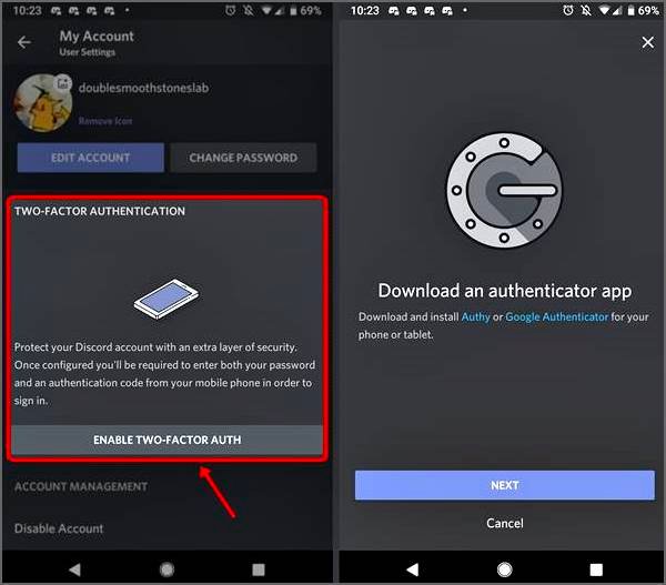 activer l'authentification en deux étapes de Discord Android