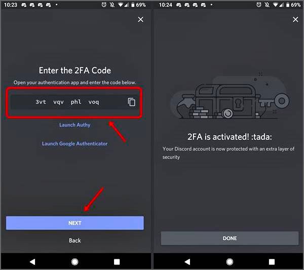 entrez le code d'authentification en 2 étapes Discord Android